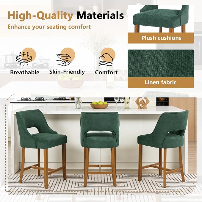 ClinQ Bar Stools Set of 1, 26" H Counter Height Bar Stools with Backs, Modern Upholstered Accent Barstools with H-Shaped Footrest for Kitchen Island, Dining Room and Bar, Green-Walnut Legs