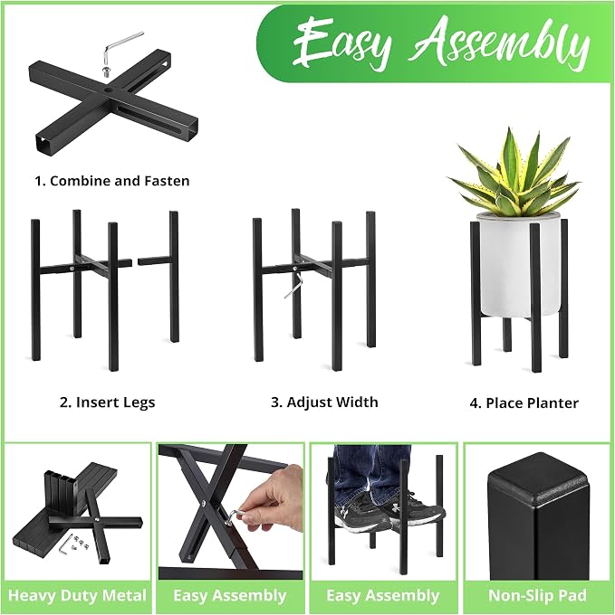 Sorbus Adjustable Metal Plant Stand – Mid Century Style Flower Pot Holder, 10 to 16 Inches Planter Stand for Modern Home Décor, Houseplants – Plant & Pot NOT INCLUDED (Black, 2 Pack)