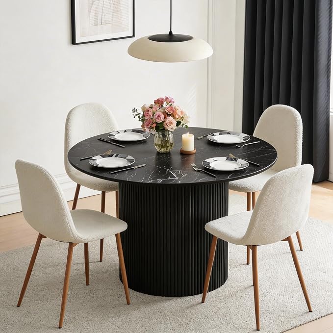 Dining Table Set for 4, Mid Century Modern 47 Inch Black Marble-Look Wooden Round Dining Table Set, Space Saving (Table + 4 White Chairs)