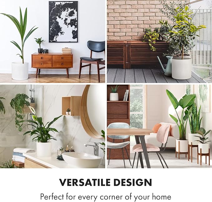 Fox & Fern Large Indoor Planter, Modern Large Plant Pot for Indoor or Outdoor, UV and Frost Resistant - 12 Inch, Fiberstone, Matte White Flower Pot with Hidden Saucer, Lightweight
