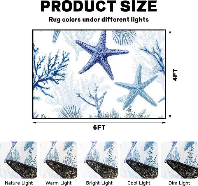 Coastal Starfish Rug 4'x6' Blue Ocean Area Rug Coral Seashell Floor Mat Washable Low Pile Carpet for Bedroom Living Room Kitchen Nursery Playroom Home Decor