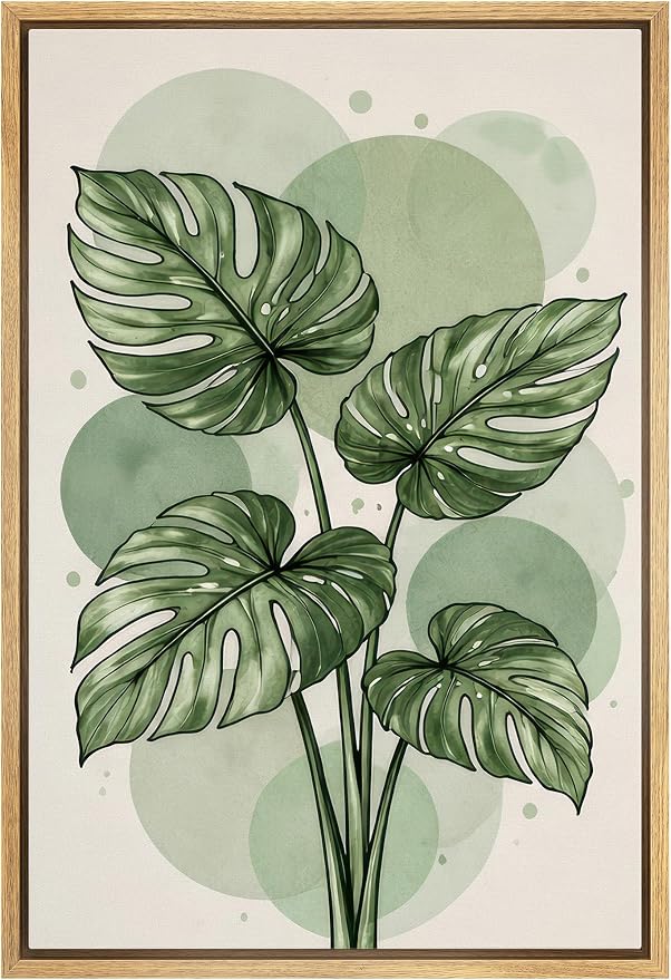 Woodrose Framed Canvas Print Wall Art Green Monstera Leaves Botanical Illustrations Modern Art Minimalist 3D Colorful Ultra for Living Room, Bedroom, Office - 24"x36" NATURAL