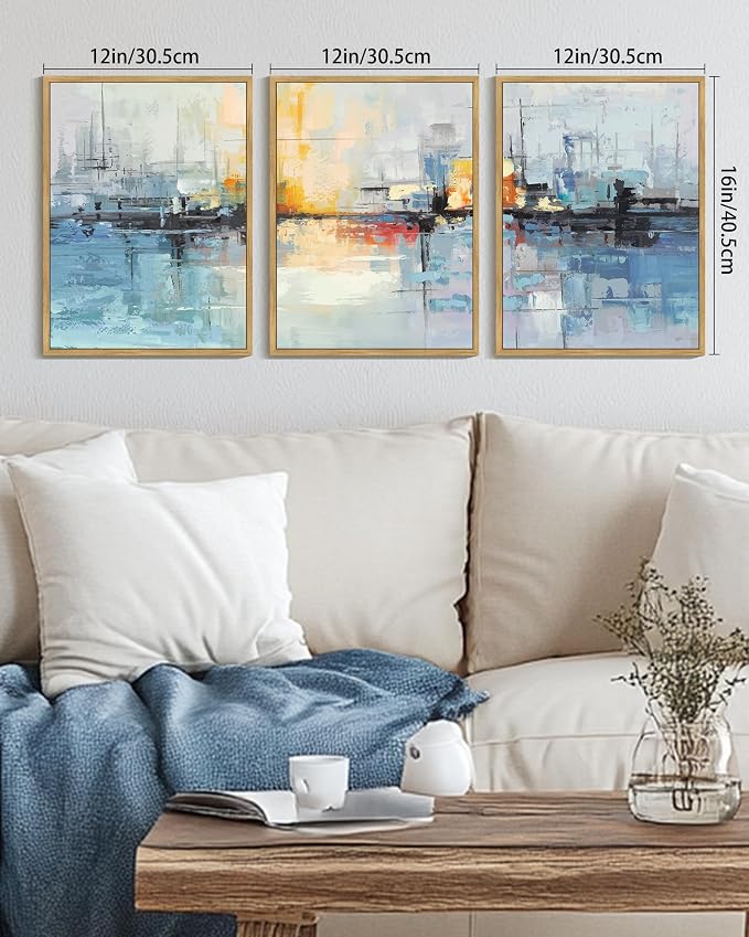 KUVIOKE Navy Blue Abstract Landscape Framed Canvas Wall Art Graffiti Shape Pastel Wall Decor Modern Minimalist Art Painting for Bedroom Dining Room 12x16in (Natural Framed)
