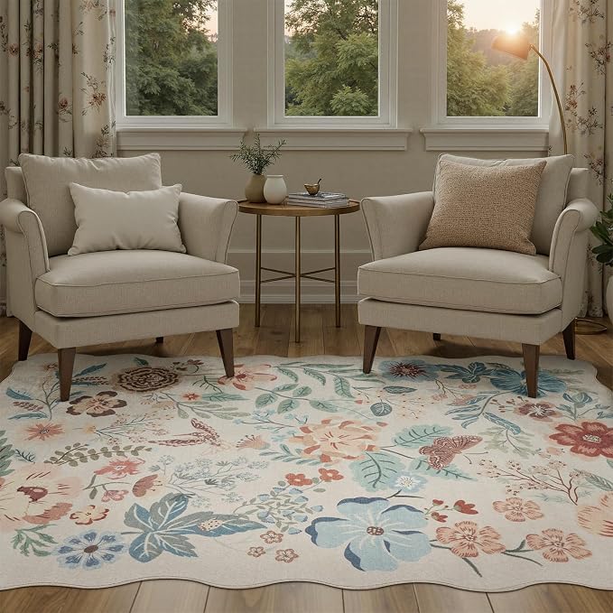 DCX Beige Floral Rug 9x12, Washable Beige Rug for Living Room, Kid & Pet Friendly with Rubber Back Non Slip, Soft Low Pile Carpet, Stain Resistant Rug for Bedroom, Nursery, Dining Room