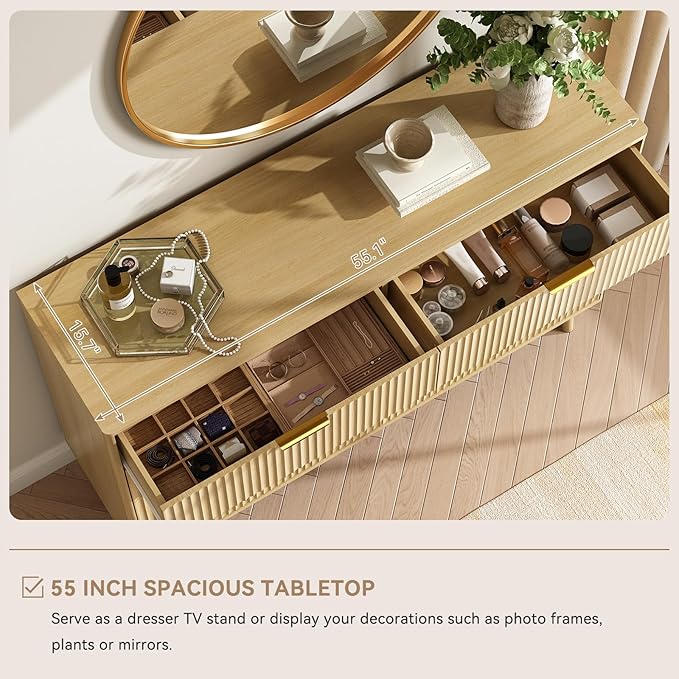 CARPETNAL Fluted 7 Drawer Dresser for Bedroom, 55" Wide Wooden Chest of Drawers with Rounded Corners, Gold Handles, Modern Storage Organizer for Bedroom, Hallway(Oak)