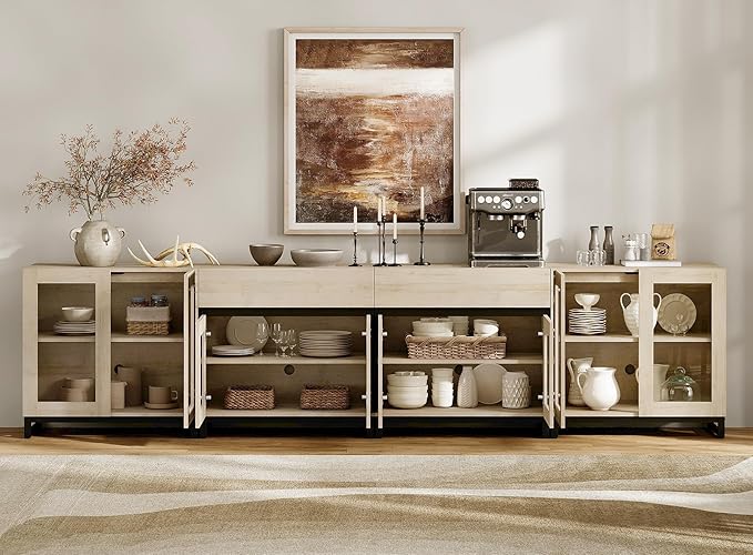 WAMPAT 4 in 1 Storage Cabinet with Glass Doors, Modern Sideboard with Adjustable Shelves and 2 Drawers, Coffee Bar Cabinet with Metal Baes for Living Room, Kitchen, Light Oak