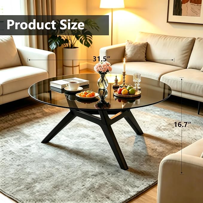 Glass Coffee Table - Round Coffee Table with Clear Tempered Glass Top, Modern Low Minimalist Center Table, Sturdy Solid Wood Coffee Table for Living Room Home Office, Black