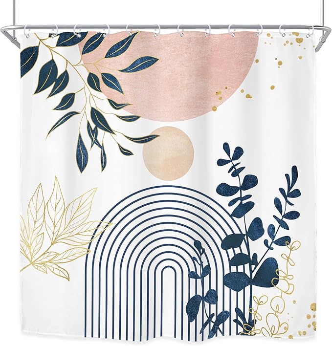 Riyidecor Pink Grey Abstract Boho Modern Mid Century Shower Curtain for Bathroom Decor 72Wx72H Leaves Blue Gold Eucalyptus Plants Blush Art Printed Fabric Polyester Waterproof 12 Pack Plastic Hooks