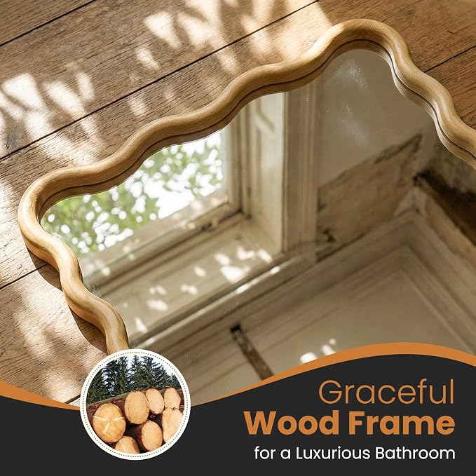 TRAHOME Wavy Mirror for Wall, 55"x28" Boho Wavy Wood Mirror Large Full Length Decorative Mirror with Tempered Glass, Natural Wooden Frame Vanity Mirror for Bedroom, Living Room, Entryway