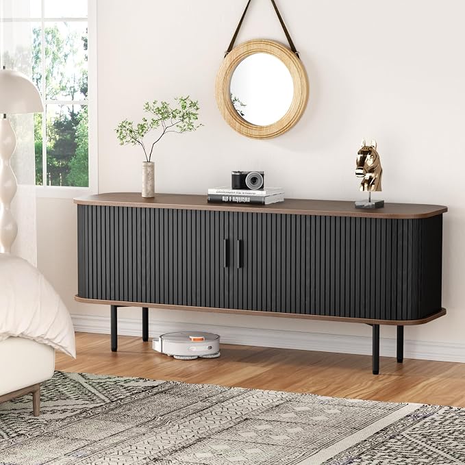 55''W Storage Cabinet, Fluted Sideboard Buffet Cabinet with Storage, Console Table Credenza with Tambour Slatted Sliding Doors and Shelves, Modern TV Stand for Living Room, Kitchen, Entryway, Black