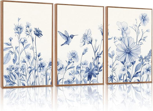 HLNIUC Blue Flower Bird Wall Art Set,Large Canvas Wall Art Blue White Wildflower Poster,Farmhouse Vintage Blue Bird Blossoms Canvas Painting,Botanical Floral Art Print for Living Room Bedroom-16"x24"x3