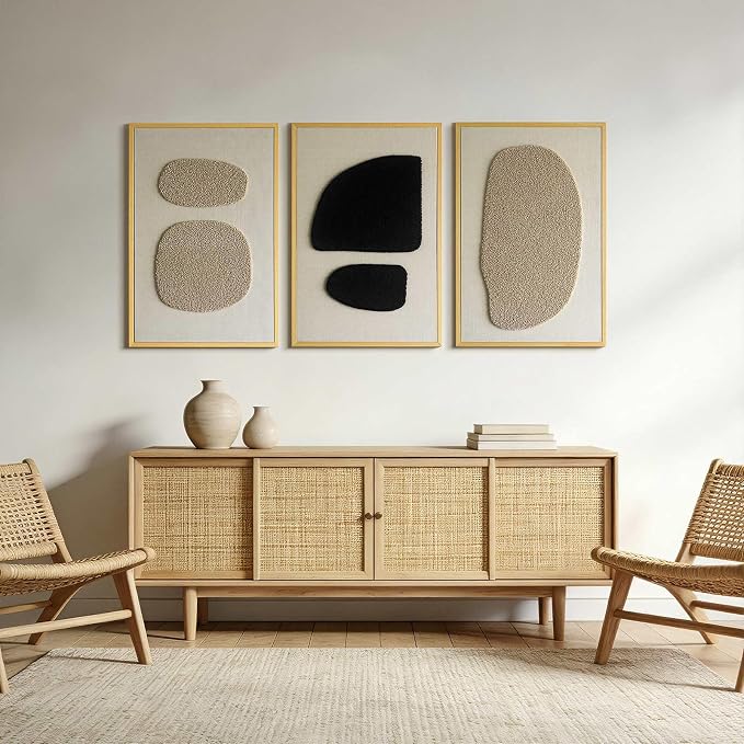 3D Textured Wall Art Bedroom, Set of 3 Abstract Geometric Minimalist Picture, Framed Linen Canvas Artwork for Living Room Office