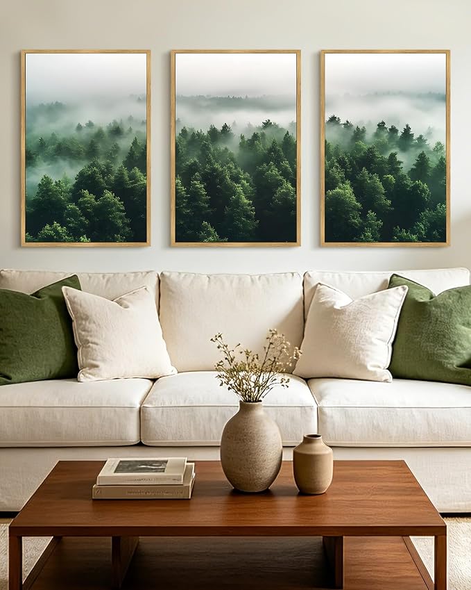 KUVIOKE Green Fog Pine Tree Framed Wall Art Nature Nordic Misty Forests Artwork Morden Painting Bedroom Decor 16x24in (Natural Framed)