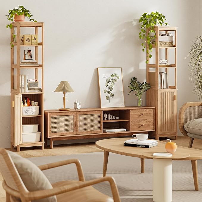 68'' Tall Narrow Storage Cabinet with Adjustable Shelf and Door, Bathroom Storage Cabinet, Space Saver for Bathroom, Kitchen, Living Room, Natural Oak