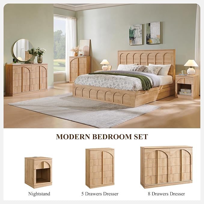 ACCOHOHO Modern 5 Drawers Dresser for Bedroom with Arched Panel,44" Tall Dresser for Closet with Metal Handles,Push-to-Open Wood Storage Closet Dressers for Living Room, Hallway,Natural Oak
