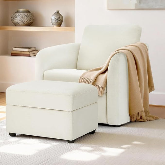 Swivel Accent Chair with Storage Ottoman, Upholstered Barrel Chair with Washable Slipcover for Living Room Bedroom Reading Waitingroom,2 Box,Cream White