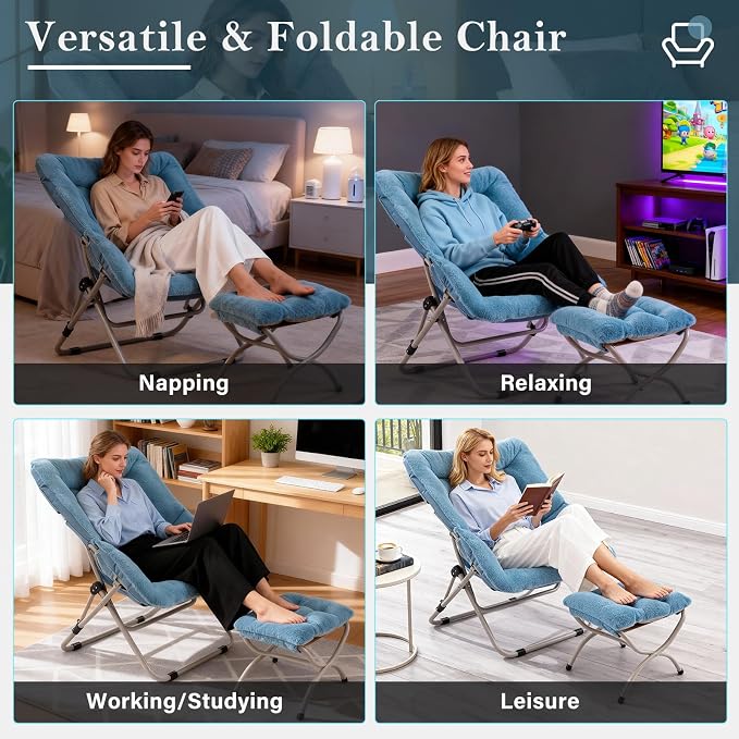 Furlide Saucer Chair With Ottoman - Oversized Folding Faux Fur, X-Large Soft Dorm, Foldable Metal Frame for Bedroom, Living Room, Study, Playroom (Blue)