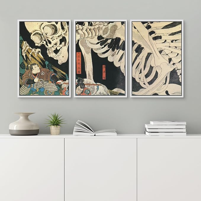 wall26 Framed Wall Art Print Set Witch & Skeleton Ukiyo-E by Utagawa Takiyasha Historic Cultural Illustrations Fine Art Chic Scenic Multicolor for Living Room, Bedroom, Office - 16"x24"x3 White