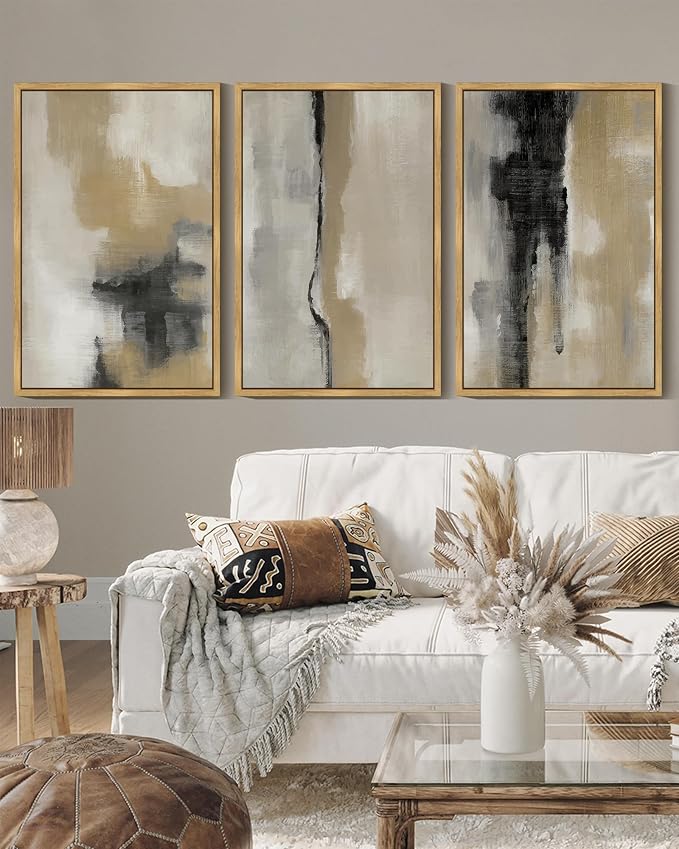 KUVIOKE Black Abstract Framed Wall Art Neutral Graffiti Pastel Minimalist Wall Decor Modern Art Painting for Bedroom Living Room 16x24in (Natural Framed)