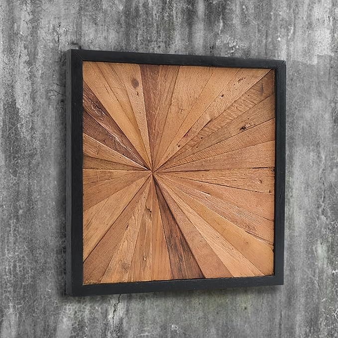 Warmaxx Rustic Teak Wood Framed Wall Décor Aesthetic 17" x 17" Farmhouse Wall Art Christmas Decoration Home Office Dorm Square Handmade Sunrise Pattern Wooden Wall Décor Living Room Bedroom Hallway