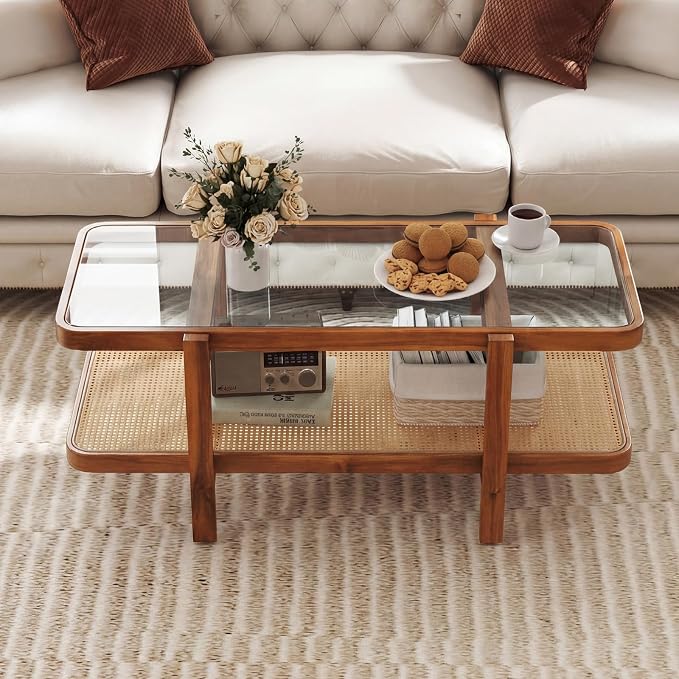 Giantex Rattan Coffee Table, 47.5" Rectangle Solid Wood Tea Table w/Tempered Glass Tabletop, Rattan Storage Shelf, 2-Tier Boho Coffee Tables, Farmhouse Center Table for Living Room (Brown)
