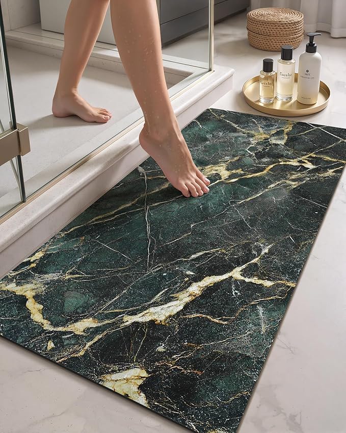 Color&Geometry Emerald Green Marble Gold-Vein Bathroom Rug, Ultra-Thin, Non Slip, Washable and Quick Dry Shower Mat, 24"x43" Small Luxury Shower Mat for Bathroom Floor/Outside Shower