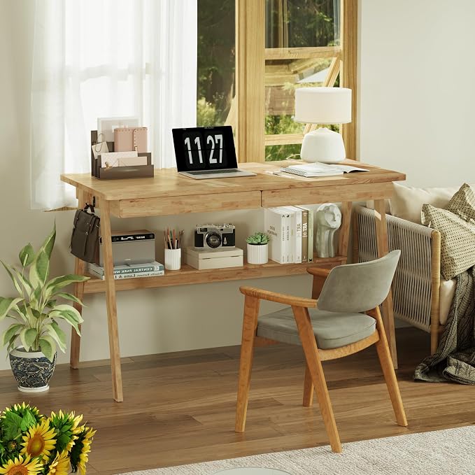 Solid Wood Desk with Drawers - 47.2 Inch Writing Desk with Drawers & Storage Shelf, Simple Modern Study Table, Home Office Computer Desks for Bedroom & Home, Natural Boho Desks