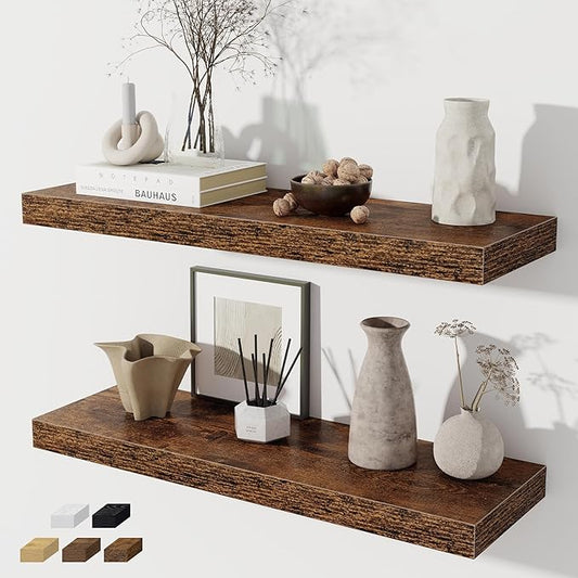 Floating Shelves for Wall, 28 Inch Floating Shelves Set of 2, Wall Mounted Rustic Wood Shelf for Bathroom, Living Room, Bedroom and Kitchen, Hanging Shelf for Storage, Books, Home Decor, Rustic Brown