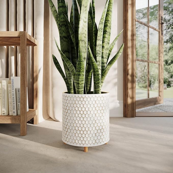 EverNest Honeycomb Gold and White Planter with Wooden Peg Leg Stand, 12-Inch Plant Pot, SelectBase, Mid-Century Modern, Indoor Home Decor Planters (Large, 3 Gallon)
