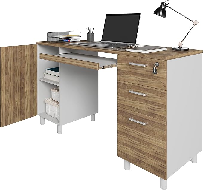 Modern Design Venice Computer Desk with Lockable Drawers, 53 Inch Home Office Desk with Storage Cabinet, Keyboard Tray & Cable Management, Modern Study Writing Desk for Small Spaces, Walnut and White