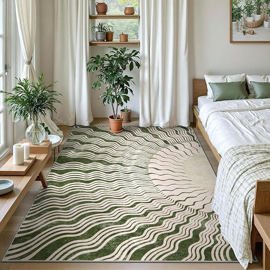 Hedlive Boho Washable Rugs 5x7, Sun Print Soft Green Rug for Bedroom Ultra-Thin Nursery Rug Non Slip, Stain Resistant Living Room Carpet for Dining Room Classroom(5'x 7',Green/Multi)