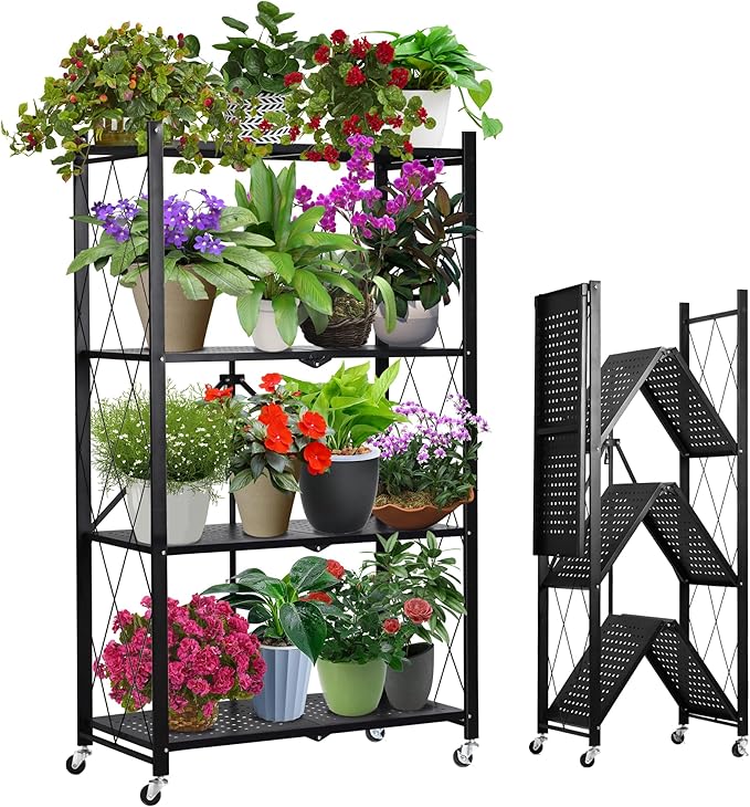 Metal Plant Stand Plant Shelf Folding Plant Stand No Assembly Required Easy to Move 4 Tiers Flower Stand with wheels for Living Room Bedroom Flower Room Indoor outdoor Black
