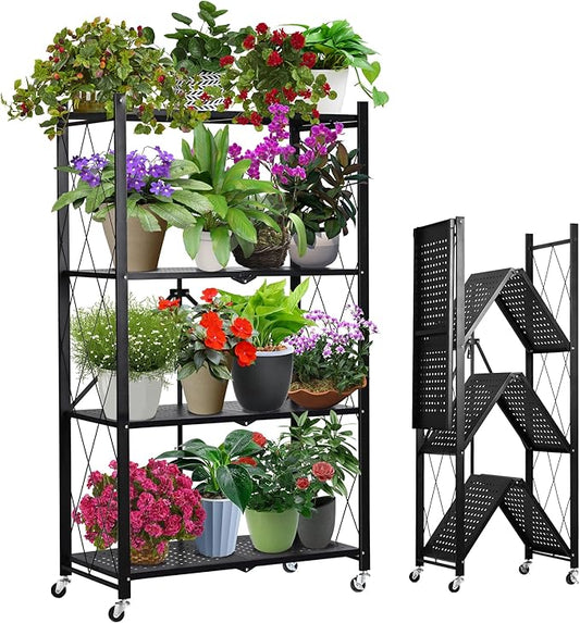 Metal Plant Stand Plant Shelf Folding Plant Stand No Assembly Required Easy to Move 4 Tiers Flower Stand with wheels for Living Room Bedroom Flower Room Indoor outdoor Black
