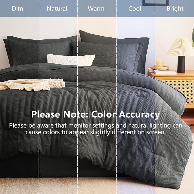 CozyLux Twin XL Comforter Set Dark Grey, 5 Pieces Seersucker Twin Extra Long Bed in a Bag, College Dorm Down Alternative Bedding Set with Comforter, Sheets, Pillowcase & Sham, Back to School Gift
