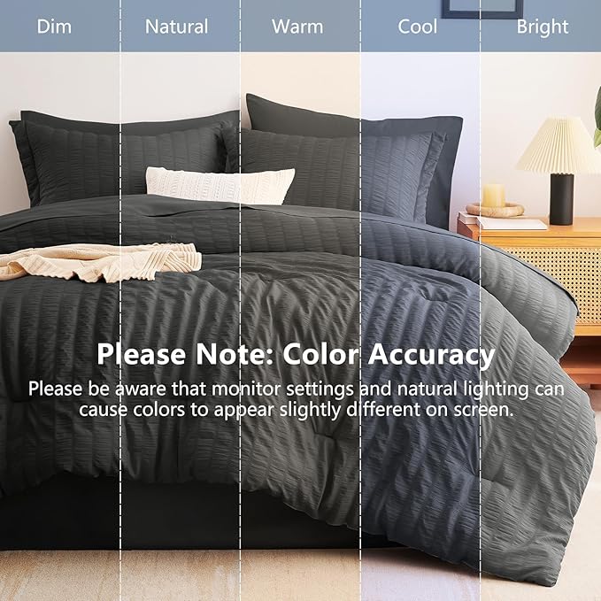 CozyLux King Size Comforter Set Dark Grey, 7 Pieces Seersucker Textured Bed in a Bag Dark Gray, All Seasons Soft Bedding Set with Down Alternative Comforter, Sheets, Pillowcases & Shams, Home Gift
