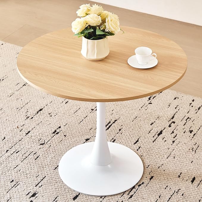 31.5" Round Dining Table for 2-4 Modern Circle Tulip Table with Metal White Tulip Pedestal Base for Kitchen Dining Living Room Apartment Small Space Cafe, Natural