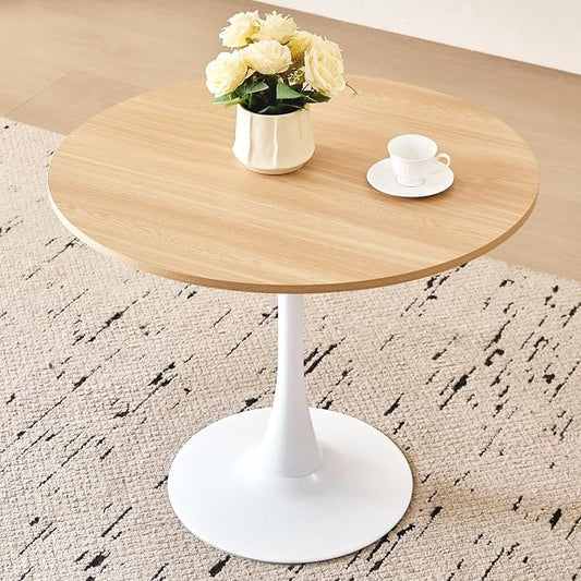 31.5" Round Dining Table for 2-4 Modern Circle Tulip Table with Metal White Tulip Pedestal Base for Kitchen Dining Living Room Apartment Small Space Cafe, Natural