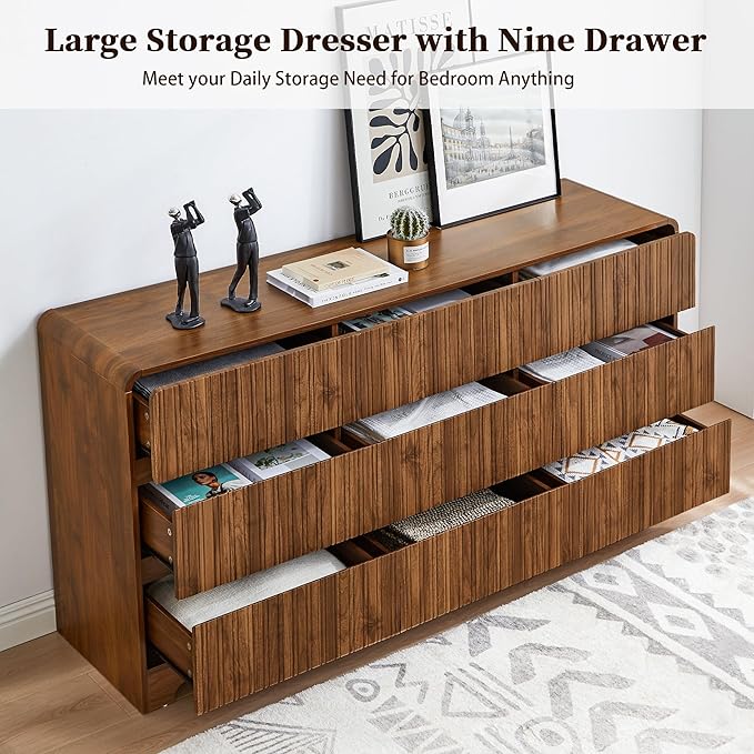 MERRYBERRY Fluted Dresser for Bedroom with 9 Drawers,63" Wide Modern Chest of Drawers with Curved Profile & Deep Drawer,Large Wood TV Dresser for Bedroom Living Room