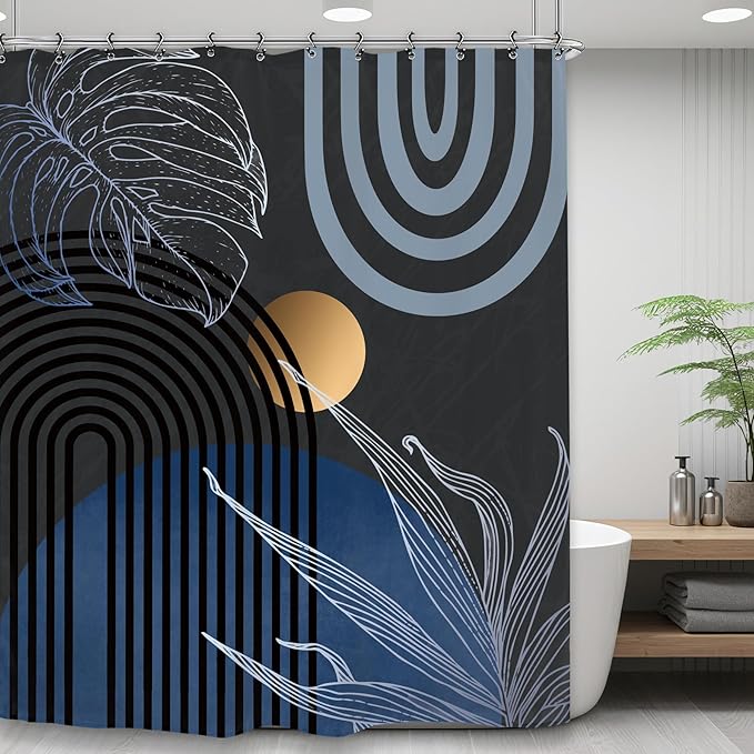 Yookeb Abstract Blue Mid Century Bathroom Shower Curtain 60W by 71H Inch Minimalist Aesthetic Modern Contemporary Plant Leaves Vintage Polyester Fabric 12 Plastic Hooks Waterproof Decor
