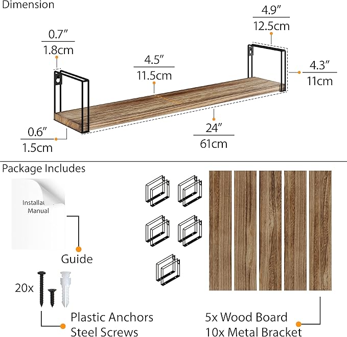 Wallniture Avila 24" Floating Shelves for Wall, Kitchen Organization & Office Shelves, Bookshelf for Living Room Decor, Laundry Room Shelf, Set of 5, Burnt Finish