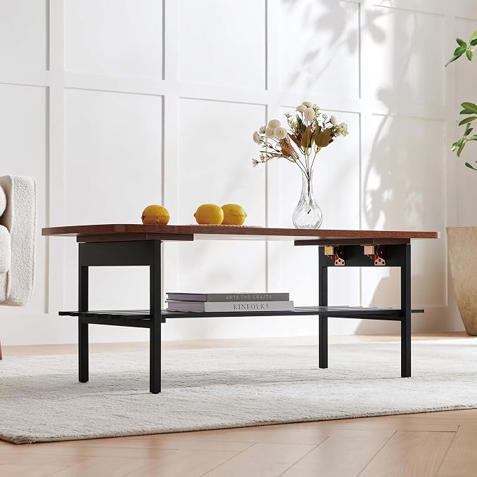 Wood Folding Coffee Table, Mid-Century Modern Design, 2-Tier, L41*W19*H15 inch, for Living Room, Walnut Finish Wood Top and Black Metal Frame