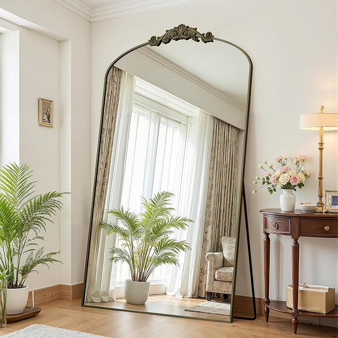 Antok Arched Full Length Mirror, 72"x44" Floor Mirror with Carved, Full Body Mirrors for HomeDecor, Standing/Halling Large Wall Mirror for Bedroom, Living Room, Cloakroom, Bronze, Retro Style