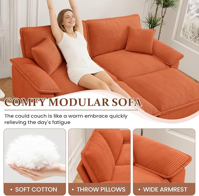 Modular Sectional Sofa Cloud Couch, Comfy Corduroy Loveseat with Ottoman Upholstered Deep Seat Sleeper Sofa Bed 2 Seater Couch Oversized Chaise Lounge Chair Indoor for Living Room Bedroom, Orange