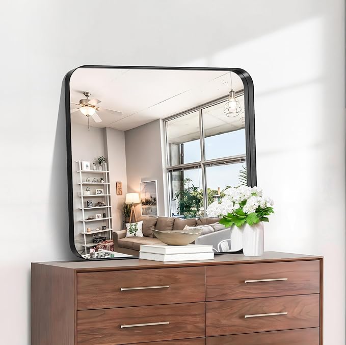 CIRCUMI Black Bathroom Mirror, 30"x30" Rectangular Mirror with Deep Metal Frame, Rounded Corner, Tempered Glass, Square Mirror for Wall, Oversink, Bedroom, Living Room, Vanity, Entryway, Crystal-Clear