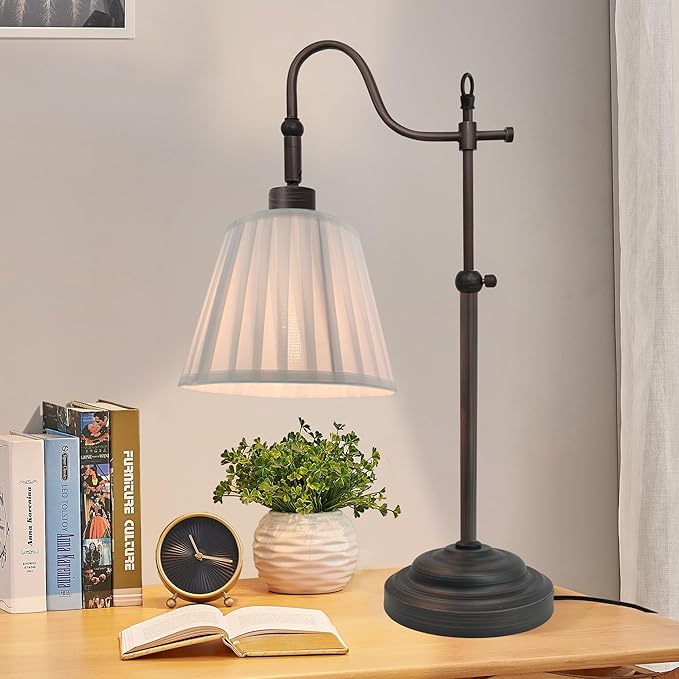 Farmhouse Desk Lamps, Reading Bedside Table Lamp for Living Room, Vintage Industrial Swing Arm Pleated Light for Bedroom, E26
