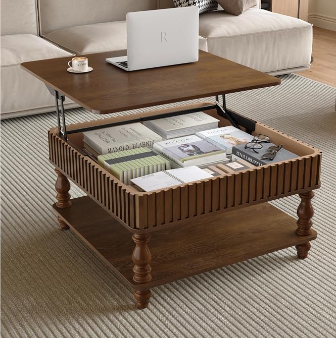 31.5 Inch Square Lift Top Coffee Table with Hidden Storage, 2 Tier Wooden Square Fluted Coffee Table with Open Shelf & Sculpted Legs, Retro Center Table for Living Room, Apartment, Home Office, Walnut