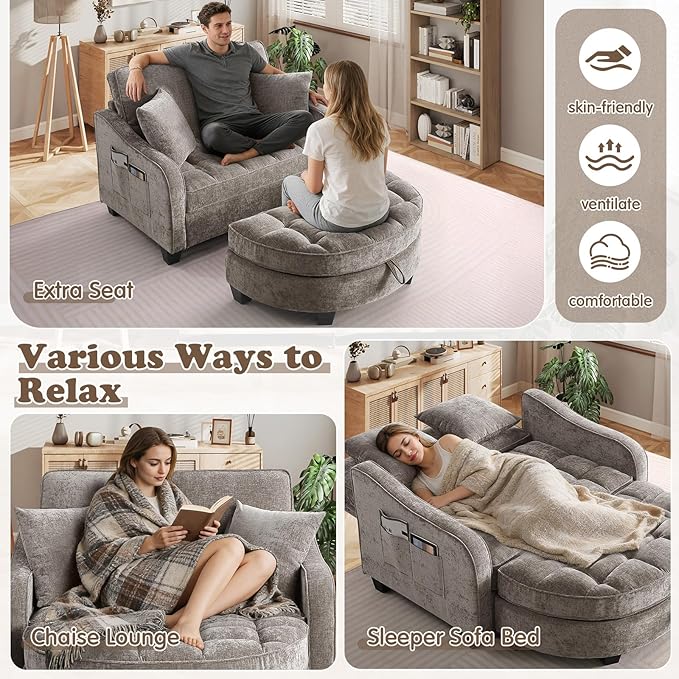 Oversized Chaise Lounge Chair Indoor with Ottoman, Chenille Tufted Comfy Loveseat Sofa Chair with Adjustable Backrest, Fluffy Recliner Sofa, Convertible Couch Sleeper Bed for Living Room(51"W, Brown)