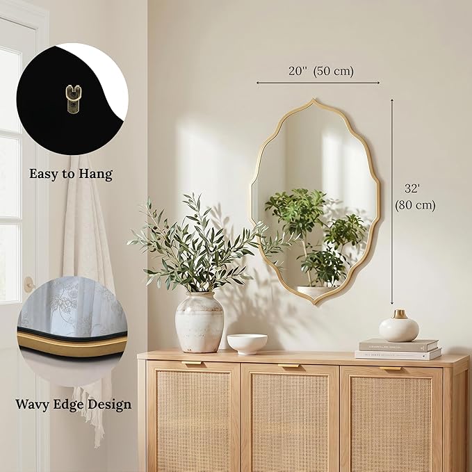 PERFNIQUE Gold Scalloped Wall Mirror, 32''×20'' Wavy Oval Mirror for Bathroom, Large Decorative Mirror for Entryway, Bedroom & Living Room, Hanging or Leaning