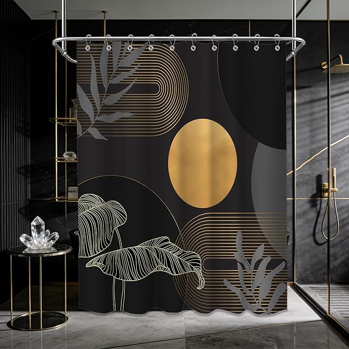 Black and Gold Shower Curtain Dark Mid Century Modern Boho Shower Curtains for Bathroom Decor MCM Masculine Cool Bath Curtain Set, Waterproof Fabric with Hooks 60 x 72 Inch