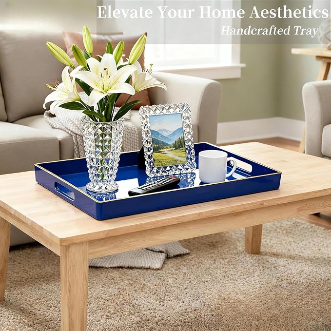 Decorative Tray, Rectangular Plastic Tray with Handles, Modern Vanity Tray and Serving Tray for Bathroom, Kitchen, Ottoman and Coffee Table, 15.6” x 10.2” (Drak Blue)
